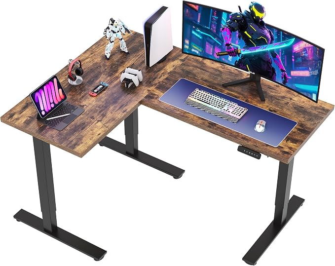 SANODESK L Shaped Standing Desk Adjustable Height, Electric Corner Standing Desk, 63 x 48 inch Sit Stand Computer Table with Splice Board, Rustic Brown