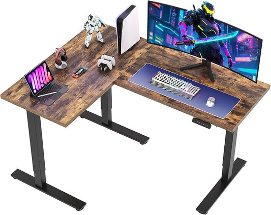 SANODESK L Shaped Standing Desk Adjustable Height, Electric Corner Standing Desk, 63 x 48 inch Sit Stand Computer Table with Splice Board, Rustic Brown