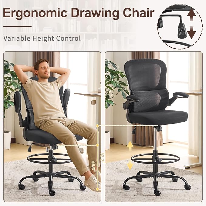 Karl home Ergonomic Drafting Chair, Black | Lumbar Support, Flip-Up Armrests, Adjustable Height Footrest Ring, Breathable Mesh, Tall Swivel