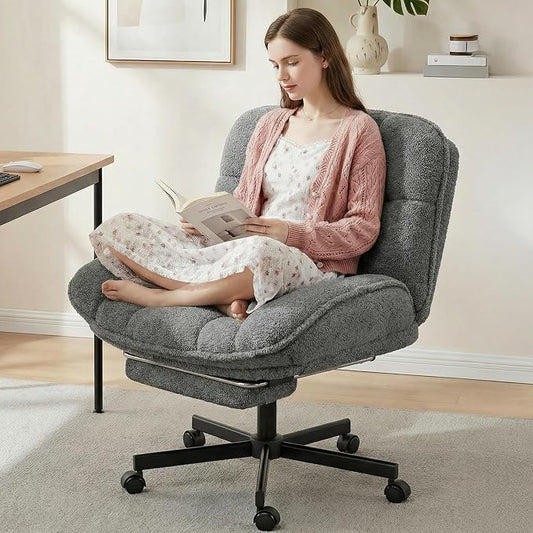 DurayLoly Criss Cross Office Chair with Foot Rest, 26.77" Wide Cross Legged Office Chair with 7" Thick Backrest, Height Adjustable & 360°Swivel, Desk Chair for All-Day Comfort (Misty Gray)