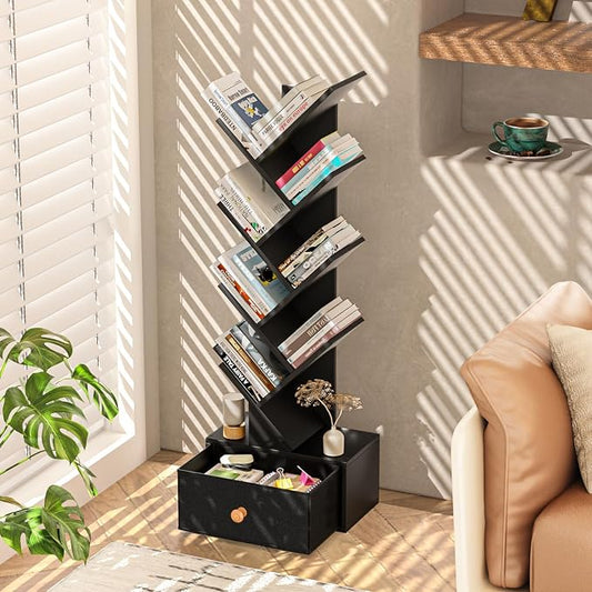 SHEEPAM 8 Tier Tree Bookshelf with Drawer, Free Standing Wood Bookcase for Living Room, Bedroom, Home Office, Space Saving Storage Organizer Bookshelves for Books, CDs, Vinyl Records- Black