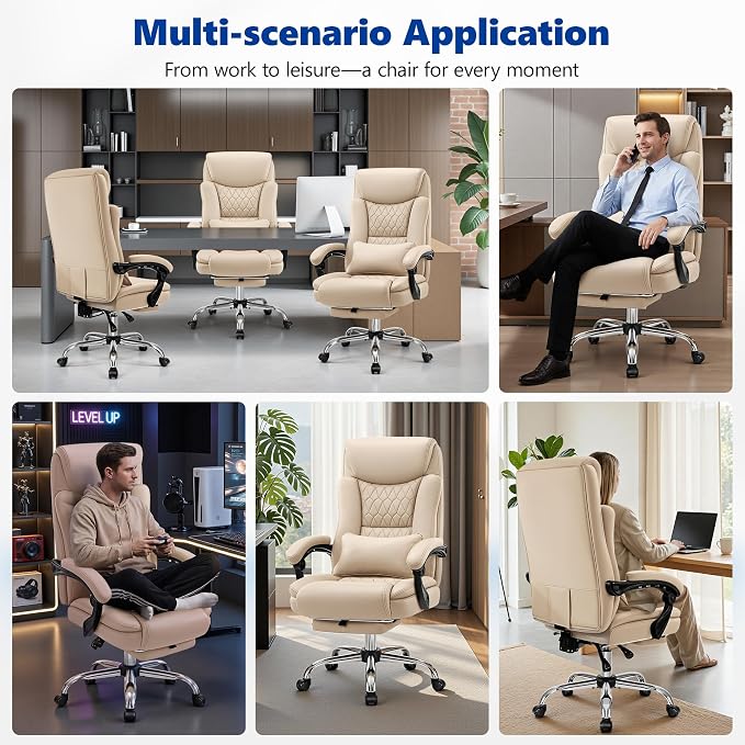 Big and Tall Office Chair 400lbs - Wide Memory Foam Seat with Lumbar Support, Reclining Executive Desk Chair with Footrest, Ergonomic Heavy Duty High Back Computer Chair, Khaki