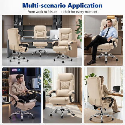 Big and Tall Office Chair 400lbs - Wide Memory Foam Seat with Lumbar Support, Reclining Executive Desk Chair with Footrest, Ergonomic Heavy Duty High Back Computer Chair, Khaki