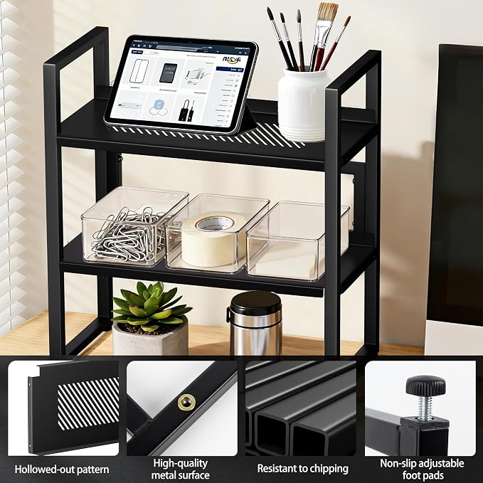 Brakki Desk Shelf Organizer, Adjustable 2 Tier Metal Desktop Shelves, Desktop Bookshelf Organization with Foot Mat, Multi-Functional Small Storage Rack for Office Dorm Home, Black