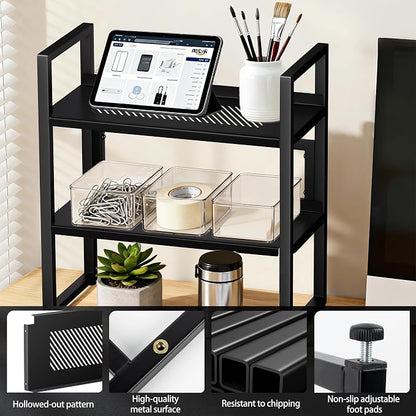Brakki Desk Shelf Organizer, Adjustable 2 Tier Metal Desktop Shelves, Desktop Bookshelf Organization with Foot Mat, Multi-Functional Small Storage Rack for Office Dorm Home, Black