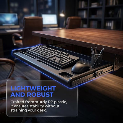 jojofuny Under Desk Keyboard Tray with Pen Organizer, Screw-Mounted Slide-Out Organizer Drawer, 20x10 inches Space-Saving Under Desk Shelf for Mouse, Pens & Office Supplies
