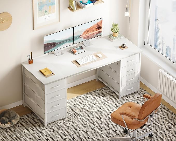 ODK 55 Inch Computer Desk with 8 Fabric Drawers, Modern Office Desk with Large Storage for Home Office, Study, Gaming, White