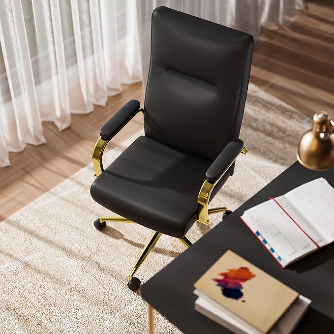 GXJ Black and Gold Office Chair with Memory Foam Seat, Computer Desk Chair | 4.9'' Memory Foam Seat and 4.7'' Comfortable Backrest, High Back Leather Executive Chair with Wheels and Arms for Women