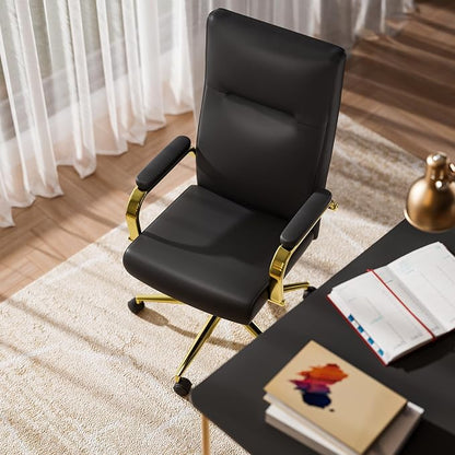 GXJ Black and Gold Office Chair with Memory Foam Seat, Computer Desk Chair | 4.9'' Memory Foam Seat and 4.7'' Comfortable Backrest, High Back Leather Executive Chair with Wheels and Arms for Women