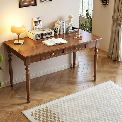 Solid Wooden Desk with Drawers, Small Writing Desk with Drawers for Computer, PC Desk for Work, Study or Gaming, Easy to Assemble (Walnut-B, 39in)