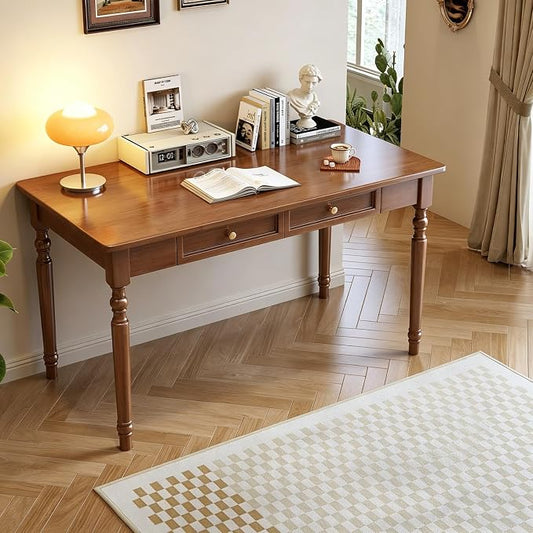 Solid Wooden Desk with Drawers, Small Writing Desk with Drawers for Computer, PC Desk for Work, Study or Gaming, Easy to Assemble (Walnut-B, 39in)