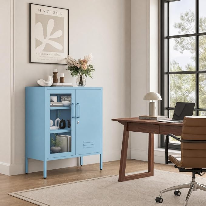 29.5" Wide Blue Metal Storage Cabinet with Lock and Ventilated Doors, 2 Adjustable Shelves, Heavy Duty Home Metal Accent Locker for Kitchen Office Living Room Hallway