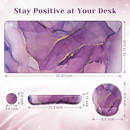 iCasso Purple Ergonomic Large Mouse Pad with Wrist Support, 4in1 XXL Desk Mat Set- Keyboard Wrist Rest + Mouse Wrist Rest + Coaster, Marble Style Desk Pad Mousepad