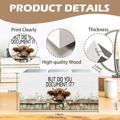 DILSJ Funny Highland Cow Office Pen Pencil Holder Organizer for Desk, Human Resource Gifts, But Did You Document It Farmhouse Highland Cow Wooden Box Signs for Home Office Desk Tabletop Decoration
