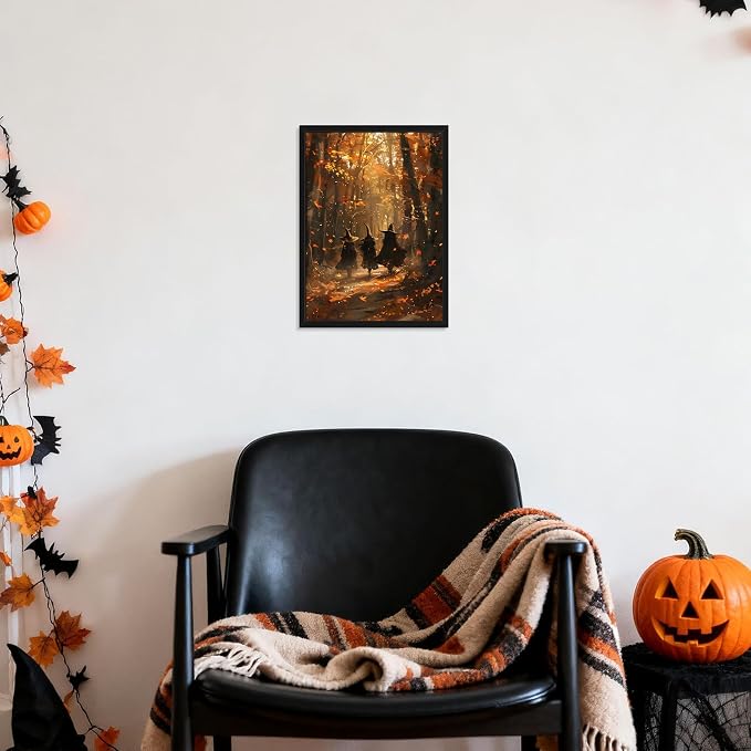 Framed Halloween Witch Wall Art - Autumn Forest Witch Canvas Print, Vintage Gothic Dark Academia Halloween Wall Decor, Spooky Fall Artwork for Bedroom Living Room Home 12x16in Wood Frame