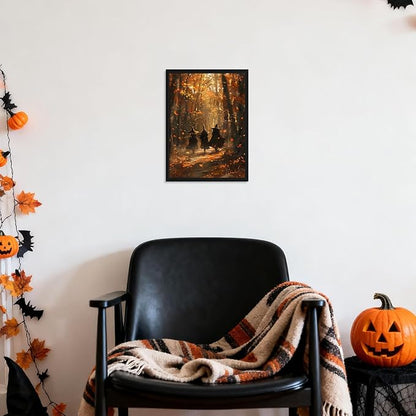 Framed Halloween Witch Wall Art - Autumn Forest Witch Canvas Print, Vintage Gothic Dark Academia Halloween Wall Decor, Spooky Fall Artwork for Bedroom Living Room Home 12x16in Wood Frame