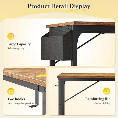 DurayLoly 63" Home Office Desk with LED Lights,Computer Desk for 2 Monitors or 2 laptops,Spacious Under-Desktop for Study Writing Work Gaming Desk,Sturdy Metal Frame,Bedroom,Rustic Brown
