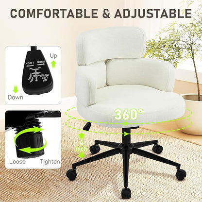 Home Office Chair with Unique Curved Back, Wide Seat Computer Desk Chair with Wheels,Swivel Tilt & Height Adjustable, Plush Chenille Fabric Matel Base for Home Office, Beige