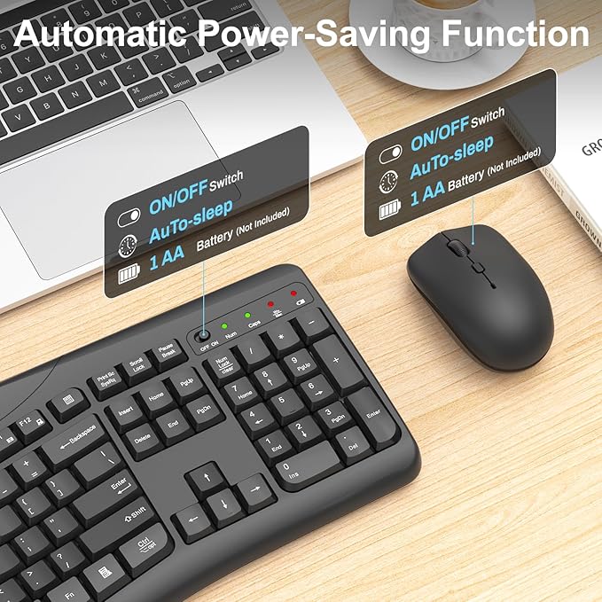 Wireless Keyboard and Mouse Combo, 2.4G Full Size Quiet Ergonomic Curved Keyboard for Natural Typing, 3-Level DPI Adjustable Silent Mouse for Windows, Mac OS, Desktop/Laptop/Office and Home (Black)