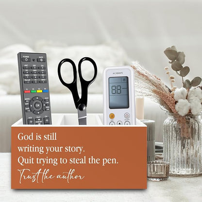 Inspirational Christian Pen Pencil Holder Organizer for Desk, God Is Still Writing Your Story Bible Verse Religious Terracotta Wooden Box Sign for Office Home Desk Tabletop Decorations