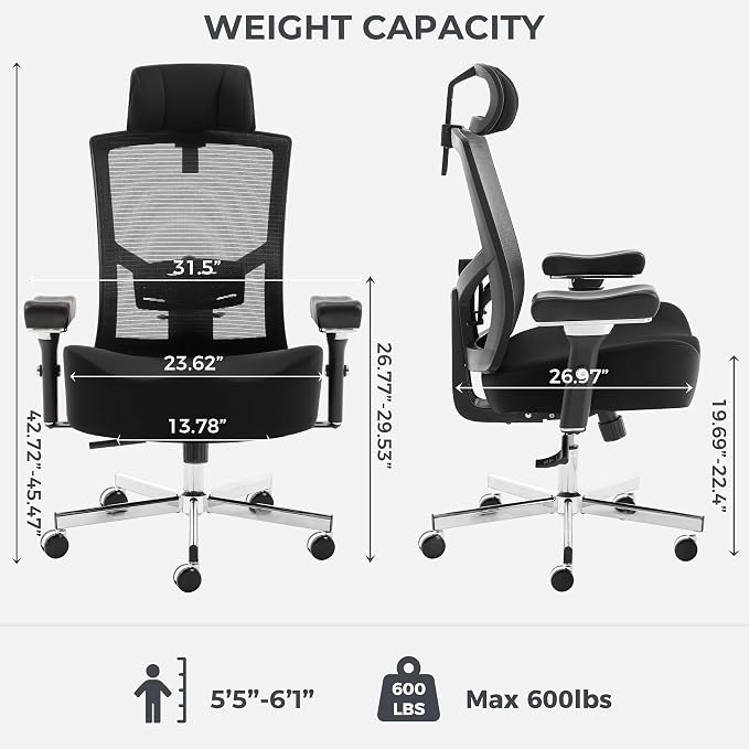 600lbs Big and Tall Office Chair with Wider W-Shaped Thick Seat Cushion, Ergonomic Computer Mesh Desk Chairs for Heavy People, Computer Chair, Adjustable Lumbar Support, 4D Armrests Headrest