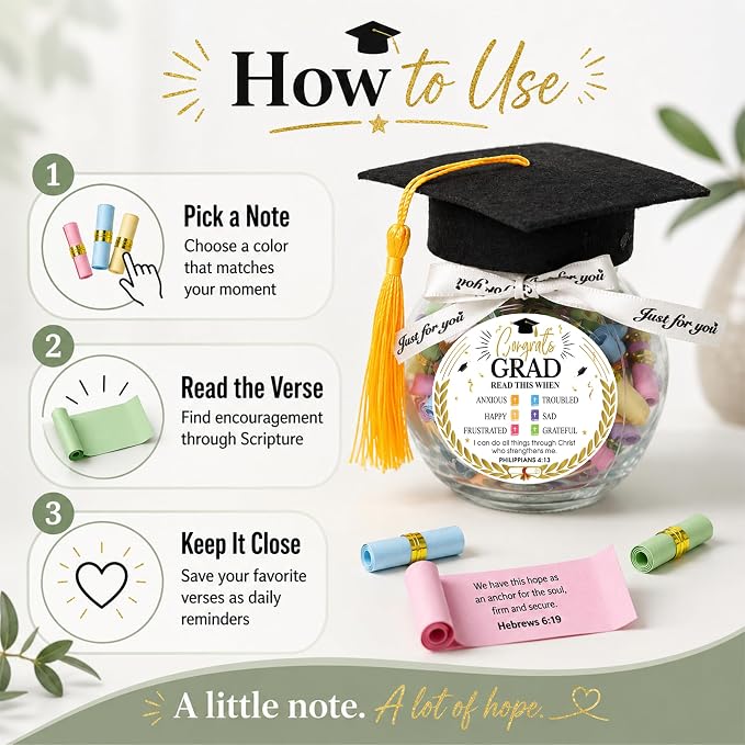 Graduation Bible Verses Jar with Grad Cap and Meaningful Cards, 2026 Graduation Gift for Him Her, Cute Congrats Class Middle High School College Congrats Grad Decor