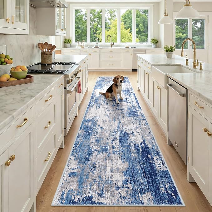 RELEANY Washable Area Rugs 2'6"x10 Non-Slip Modern Abstract Soft for Living Room Entryway Bedroom Kitchen, Print Pattern, Blue Grey Navy Gray