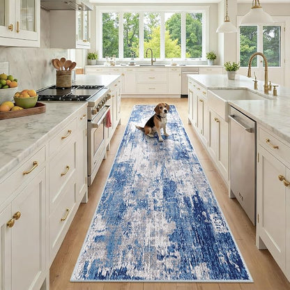 RELEANY Washable Area Rugs 2'6"x10 Non-Slip Modern Abstract Soft for Living Room Entryway Bedroom Kitchen, Print Pattern, Blue Grey Navy Gray