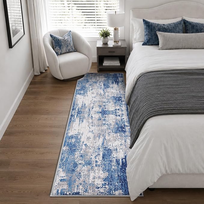 RELEANY Washable Area Rugs 2'x10' Non-Slip Modern Abstract Soft for Living Room Entryway Bedroom Kitchen, Print Pattern, Blue Grey Navy Gray
