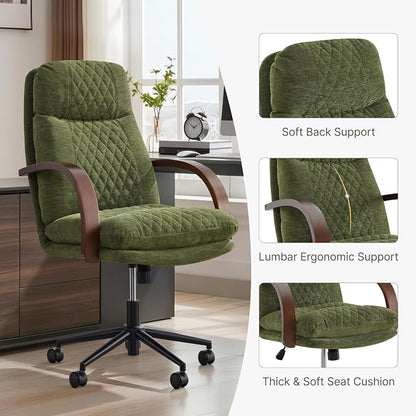 KISLOT Home Office Desk Chair, Ergonomic Office Chair with Lumbar Support, Adjustable Swivel Computer Chair with Wheels, Fabric Executive Task Chair with Wood Arms, Set of 2, Moss Green