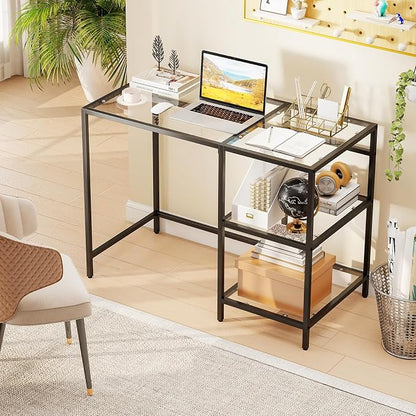 GOFLAME Computer Desk with Shelves, 42” Home Office Desk with Metal Frame, Tempered Glass Study Writing Table, Modern Simple PC Desk for Living Room Bedroom (Black)