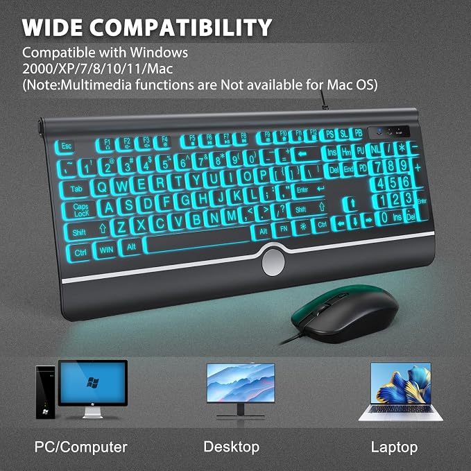 Wired Keyboard and Mouse Combo - Large Print Light Up Keyboard, USB Silent Wired Backlit Keyboard and Optical Mouse for Windows, PC, Laptop - Easy to See, USB Play and Plug