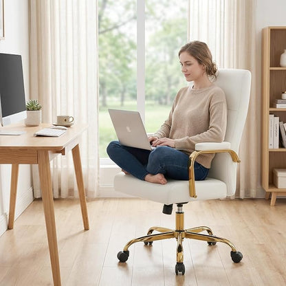 White and Gold Office Desk Chair,Leather Conference Room Chairs with Wheels,Modern High Back Executive Office Chair with Memory Foam,Ergonomic Swivel Computer Chair for Home Office
