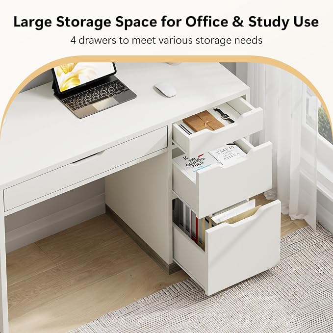 MaverickFurni White Desk with Drawers, 48 Inch Small Computer Desk with 4 Storage Drawers for Small Space, Home Office Desk for Bedroom with Storage File Drawer