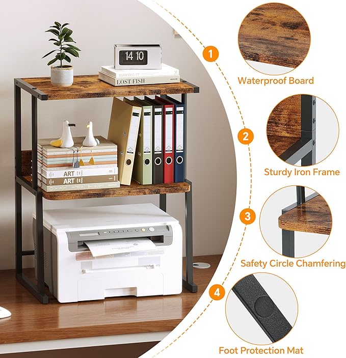 Homeiju 3-Tier Printer Stand for Desk, Desktop Printer Shelf, Heavy Duty Metal Frame Wood Shelf for Home Office Holds Up to 50lbs, Space-Saving Desk Organizer forfor Home Office, Rustic Brown