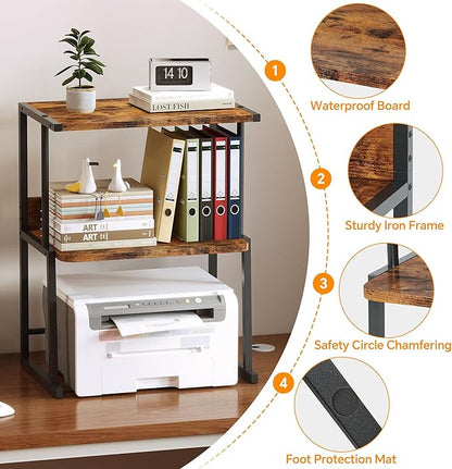 Homeiju 3-Tier Printer Stand for Desk, Desktop Printer Shelf, Heavy Duty Metal Frame Wood Shelf for Home Office Holds Up to 50lbs, Space-Saving Desk Organizer forfor Home Office, Rustic Brown