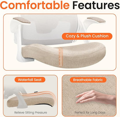 NEO CHAIR Office Chair High Back Desk Mesh Chair Comfy Computer Gaming Seat with Adjustable Ergonomic Lumbar Rolling Flip-up Armrests and Wheels (Beige)