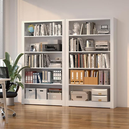Heavy Duty 5-Shelf Metal Bookshelf, 69" Tall Industrial Bookcase with Adjustable Shelves, White Large Capacity Storage Rack for Garage, Warehouse, Home Office & Library