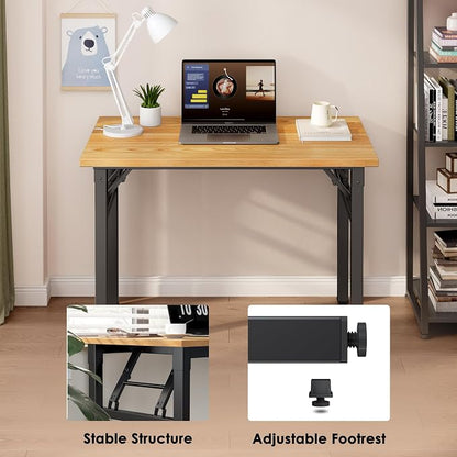 Need 35.8 Inch Folding Desk for Small Spaces, Home Office Computer Desk with Teak Wood Top & Black Frame, Foldable Writing Table for Study, Bedroom, Dorm Room & Student
