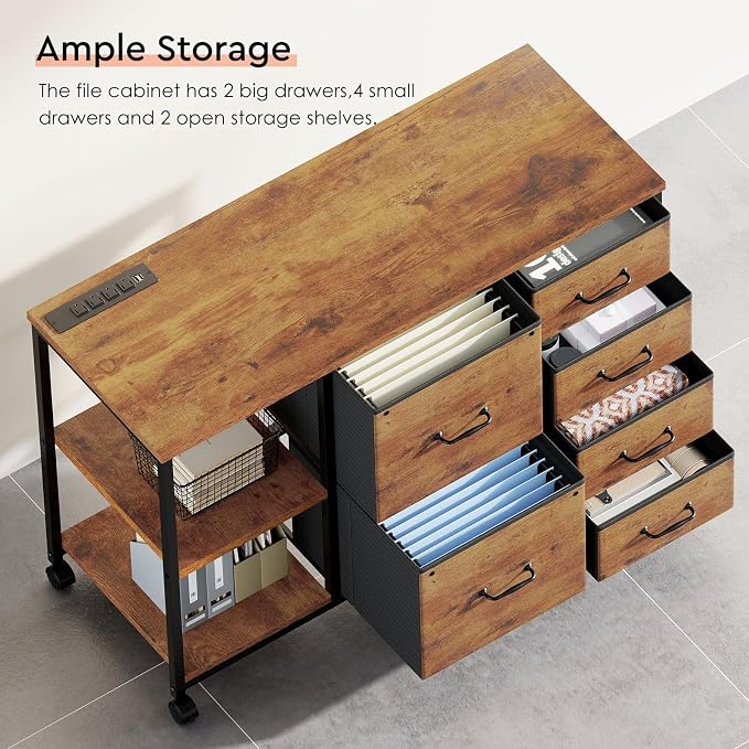 Maihail 6 Drawer File Cabinet with Charging Station Rolling Printer Stand with Open Storage Shelf Fabric Lateral Filing Cabinet for Home Office,Rustic Brown2