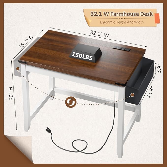 EnHomee 32 Inch Small Writing Desk with Power Outlet and Storage Bag, Student Desk for Bedroom and Dorm Room, Home School Desk for Teens, Brown & White