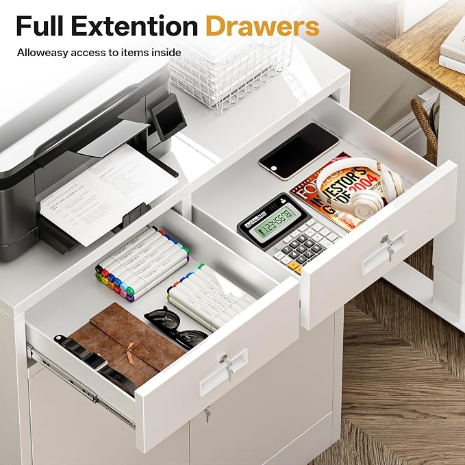 Metal Storage Cabinet, 36 Inch Tall Locking Cabinet with 2 Doors and 2 Drawers, Metal Cabinets with Adjustable Shelf, Garage Cabinets for Kitchen,Garage,Warehouse, White
