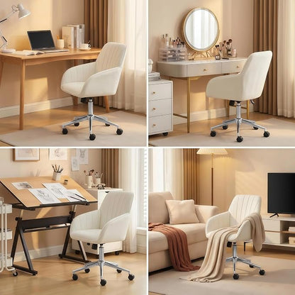 Velvet Home Office Desk Chair, Modern Cute Computer Task Chair with Back, Height Adjustable Upholstered Vanity Chair with Swivel Wheels for Women, Girls (Silver Base, Cream
