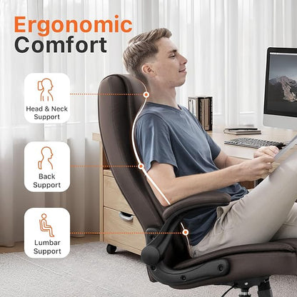 NEO CHAIR Office Desk Gaming Computer Home Chair Ergonomic Executive High Back Support Flip-up Arms Adjustable Height Swivel Rolling Wheels Comfy PU Leather (Brown)