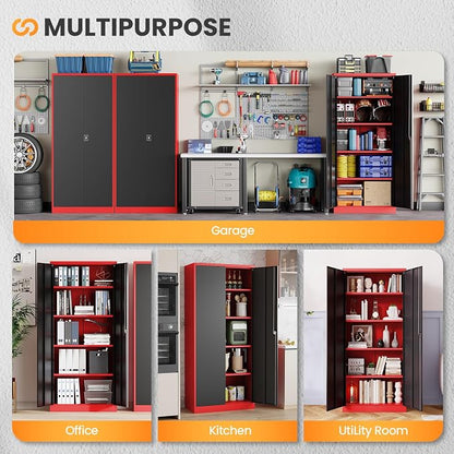 Metal Garage Storage Cabinets with Lock, 72" Tall Tool Cabinet with 2 Door and 4 Adjustable Shelves, Locking Garage Cabinets and Lockable Steel Locker for Home Office Warehouse-(Red Black-72”H)