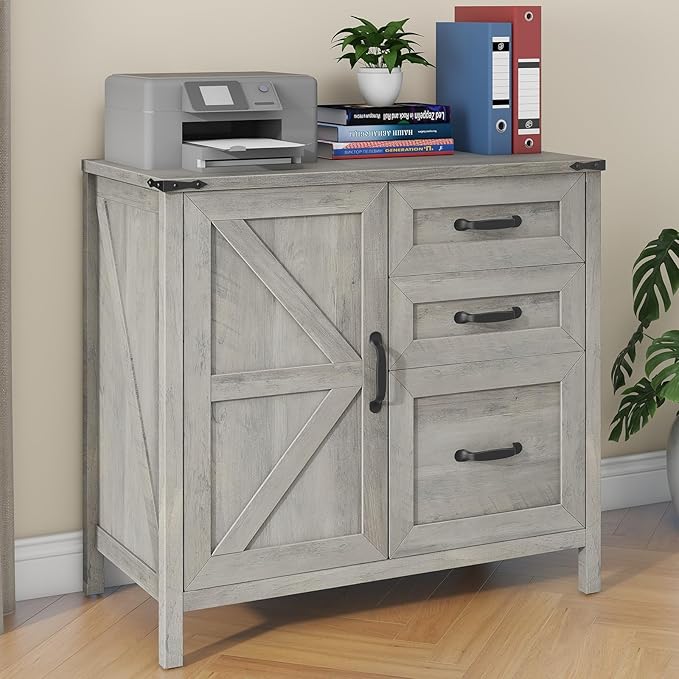 Halitaa Lateral File Cabinet with 3 Drawers, Farmhouse File Cabinet for Letter/A4 Size Hanging Files, Large Wood File Storage Cabinets Printer Stand for Home Office Furniture, Grey