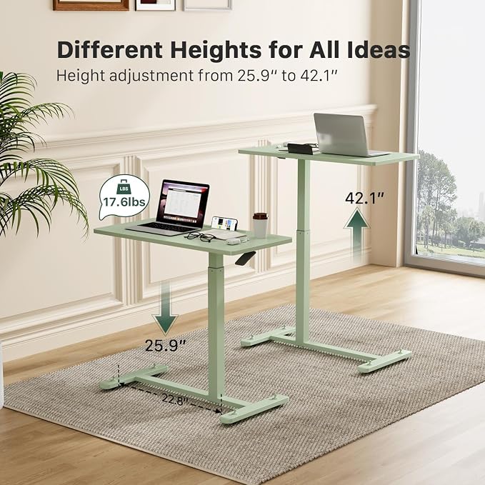 Gibbon Mounts Mobile Standing Desk, Pneumatic Adjustable Rolling Desk(31.5 Inches), Portable Laptop Desk with 4 Lockable Wheels, Overbed Bedside Table Laptop Table for Couch, Home, Office, Green