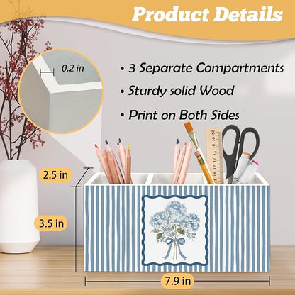 Blue Hydrangea Floral Pen Holder Organizer for Desk Accessories, Floral Office Decor, Blue Striped Cottagecore Botanical Hydrangea Flower Wooden Box Sign Desk Decorations for Home Office Decor