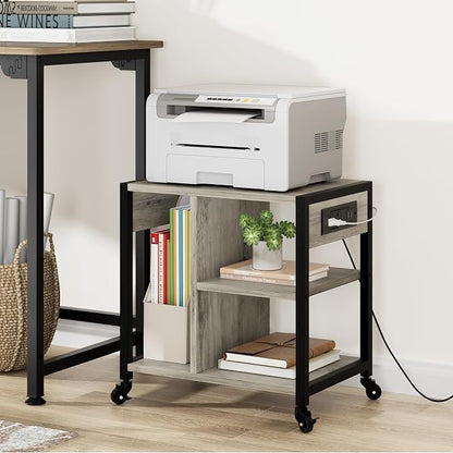 GarveeLife Small Printer Stand with Power Outlets, Rolling Printer Table with Lockable Wheels, Under Desk Printer Cart with Storage, Utility Storage Cart for Home, Office, Gray