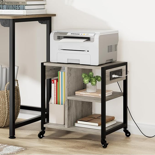 GarveeLife Small Printer Stand with Power Outlets, Rolling Printer Table with Lockable Wheels, Under Desk Printer Cart with Storage, Utility Storage Cart for Home, Office, Gray